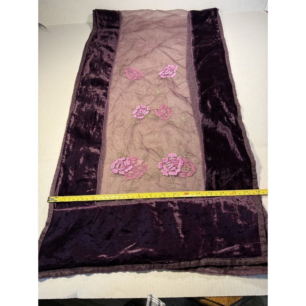 Vintage Purple Velvet Shawl Wrap Scarf Embroidered Pink Floral Organza Panel